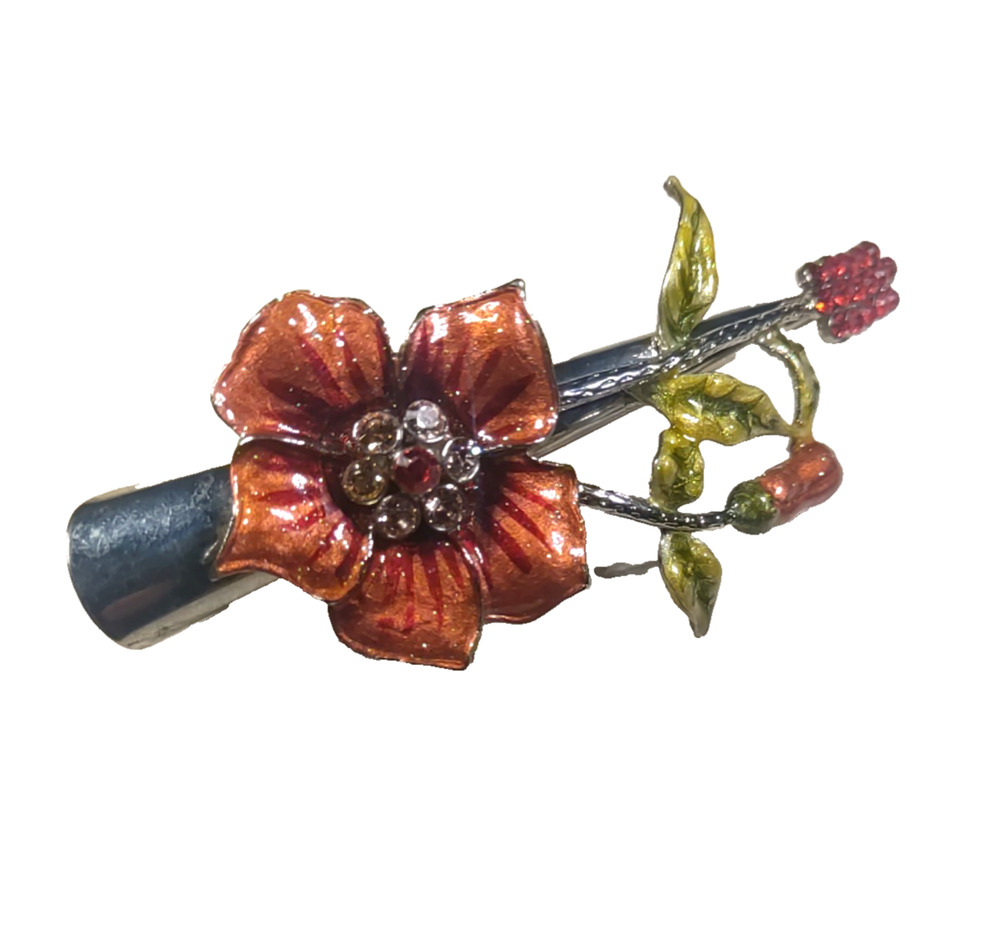 Hair Barrette Alligator Clip Silver Tone Red Rhinestone Orange ? Flower Green...